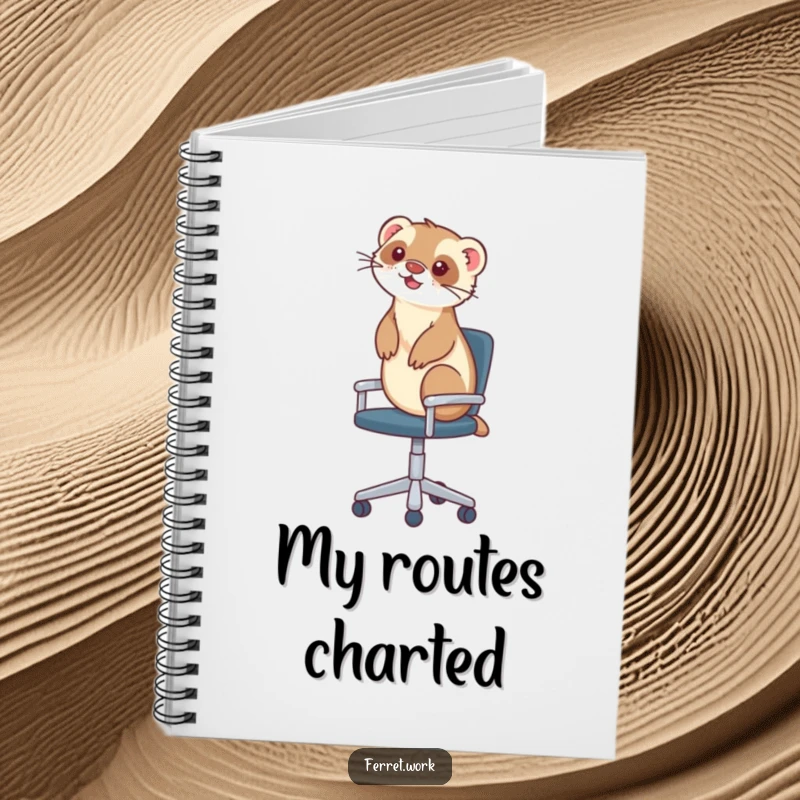 Funny notebook cover showing a ferret riding an office chair, ideal for jotting down funny ideas and plans.