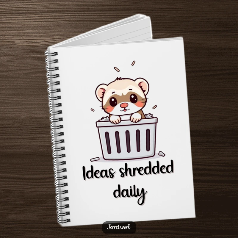 Funny ferret popping its head out of a paper shredder on a notebook, ideal for storing funny thoughts.