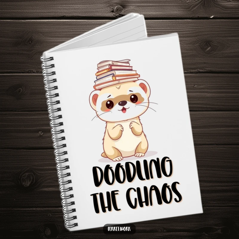 Funny ferret notebook showing a ferret balancing a stack of papers on its head, great for taking notes.