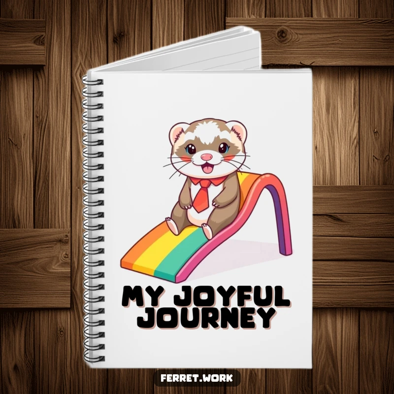 Funny ferret notebook, a ferret in a tie sliding down a rainbow office slide, for note-taking filled with joy and imagination.
