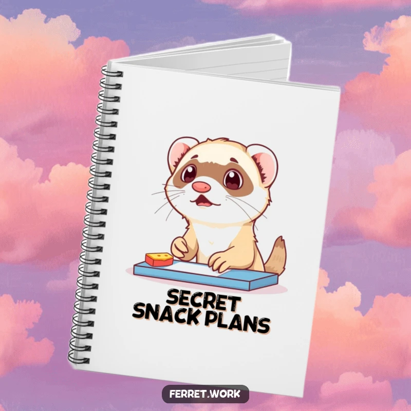 Funny ferret notebook with a surprised ferret caught mid-snack at a desk. Ideal for note-taking.
