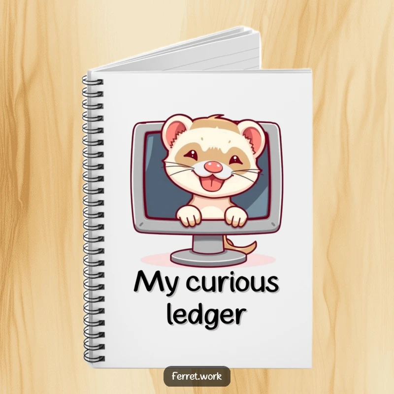 Funny notebook cover with a grinning ferret peeking from behind a computer monitor, ideal for tech-themed note-taking.