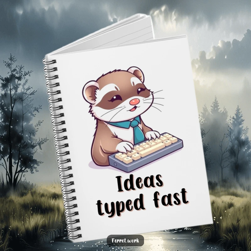 Funny ferret notebook showing a ferret in a tie typing furiously on a keyboard, great for taking notes.