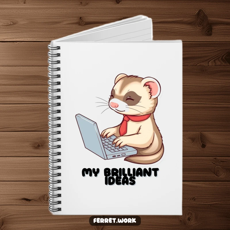 Cute ferret in a tie, enthusiastically typing on a laptop, on the cover of this humorous notebook.