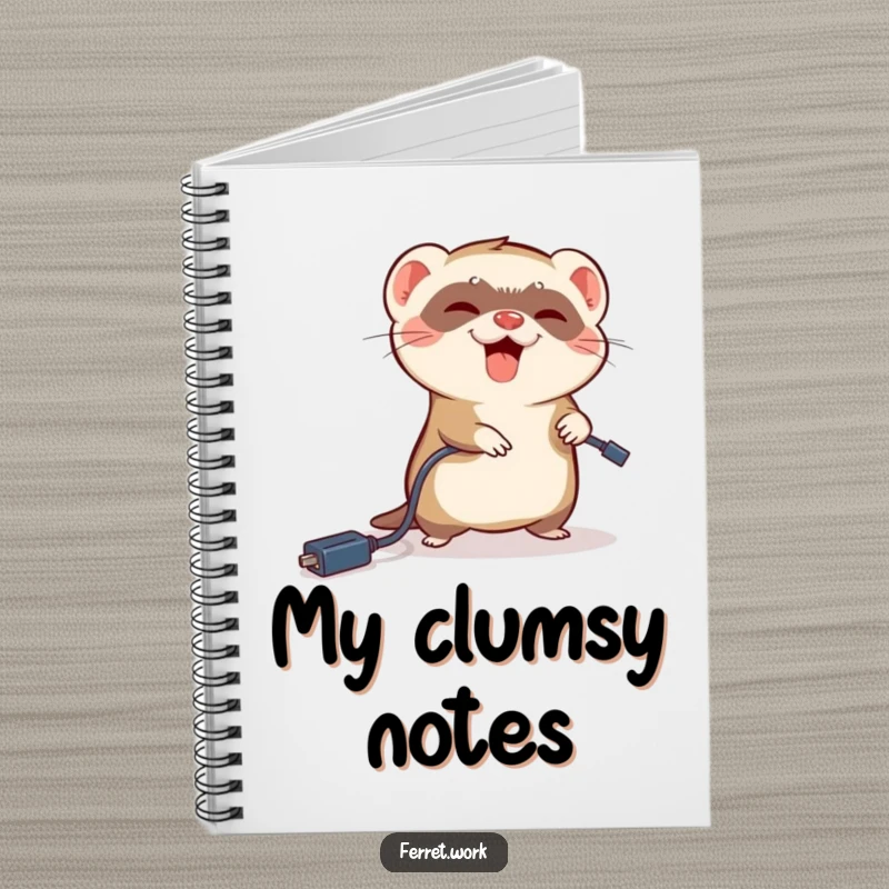 Funny ferret notebook with a ferret comically tripping over a dangling power cord, great for notes.