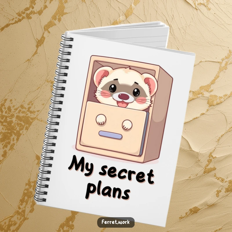 Funny notebook with a mischievous grin ferret peeking from a filing cabinet, perfect for capturing notes and witty ideas.