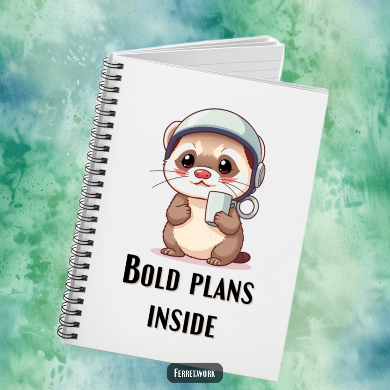 Funny kawaii office ferret wearing a coffee mug as a tiny helmet, looking ready, on the cover of a notebook.