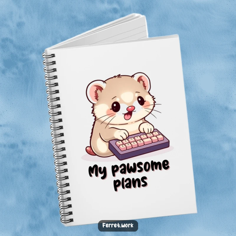 Funny Notebook featuring a kawaii ferret typing on a small keyboard with paws, great for cute note-taking.