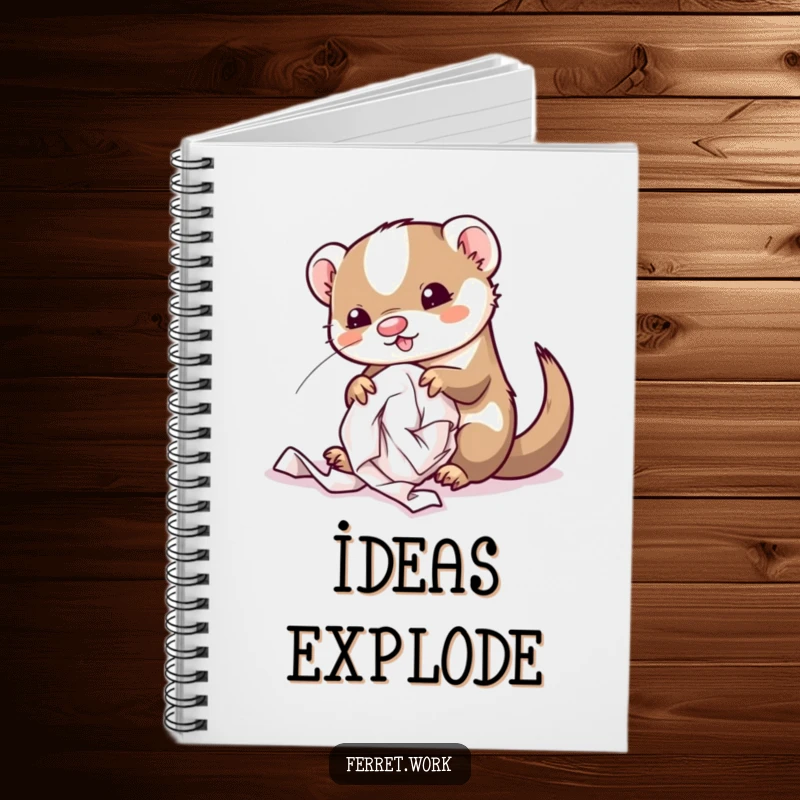 Funny kawaii office ferret peeking out from a pile of crumpled paper, perfect for a fun notebook.