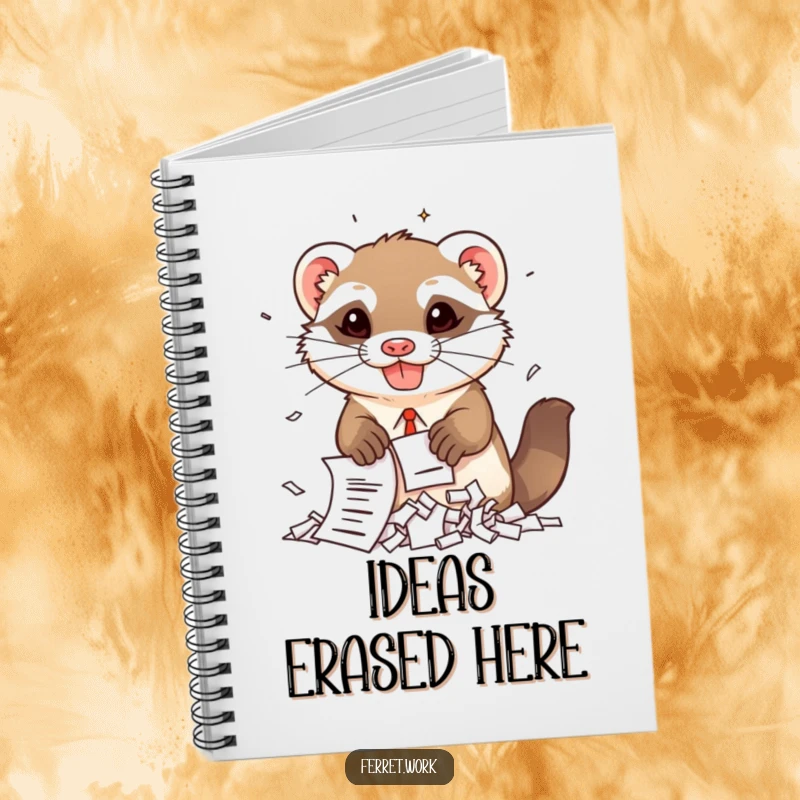 Funny kawaii office ferret enthusiastically shredding notes with a mischievous grin, featured on the cover of a notebook.
