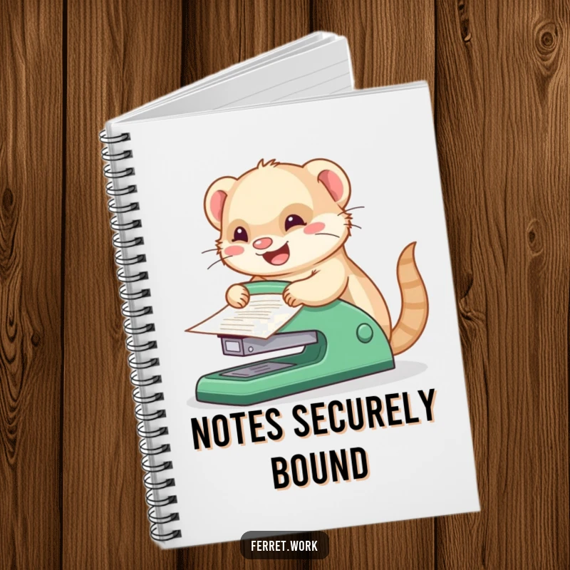 Funny kawaii office ferret joyfully stapling papers with a comically oversized stapler, ready to record ideas in a notebook.