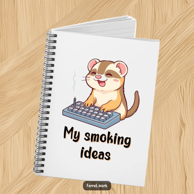 Funny Office Ferret Notebook: A kawaii ferret types on a smoking keyboard, a humorous and charming stationery item.