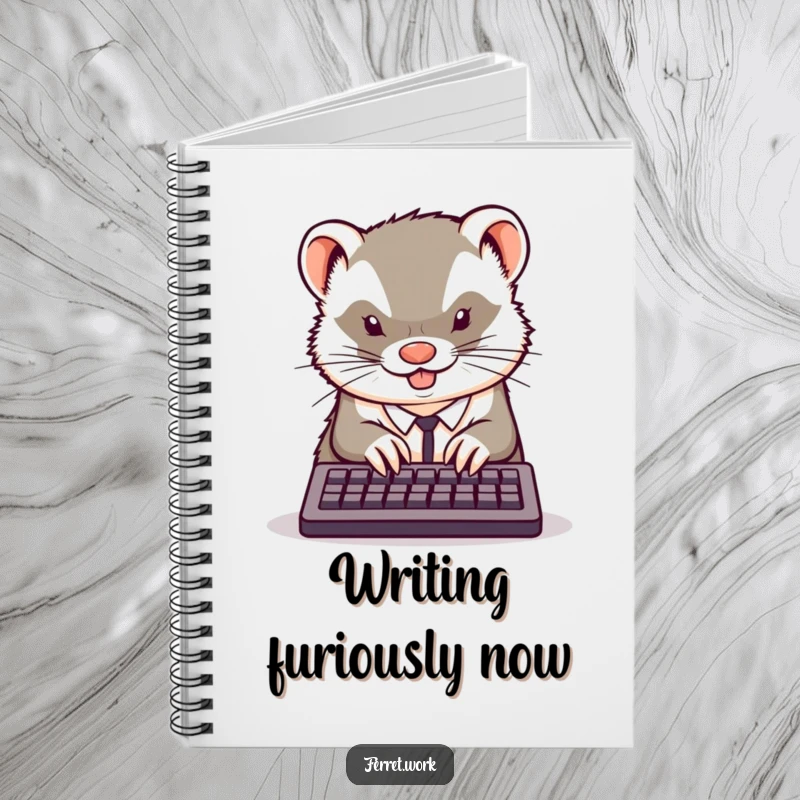 Funny kawaii office ferret typing furiously on its tiny keyboard on the cover of a humorous and practical notebook.