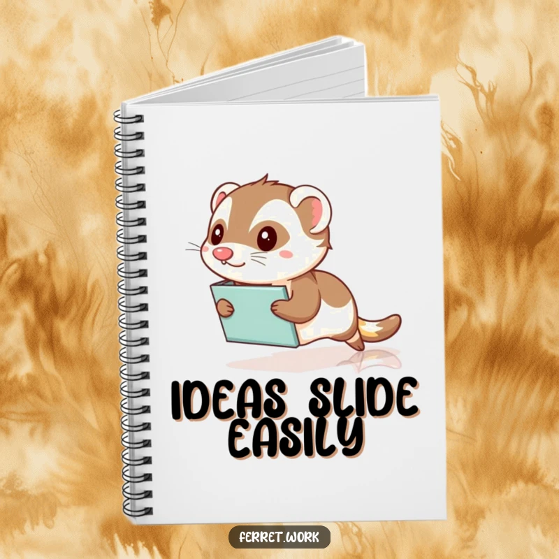 Funny Kawaii Office Ferret Notebook: A cute ferret comically slides on a file folder across a polished floor, perfect for note-taking.