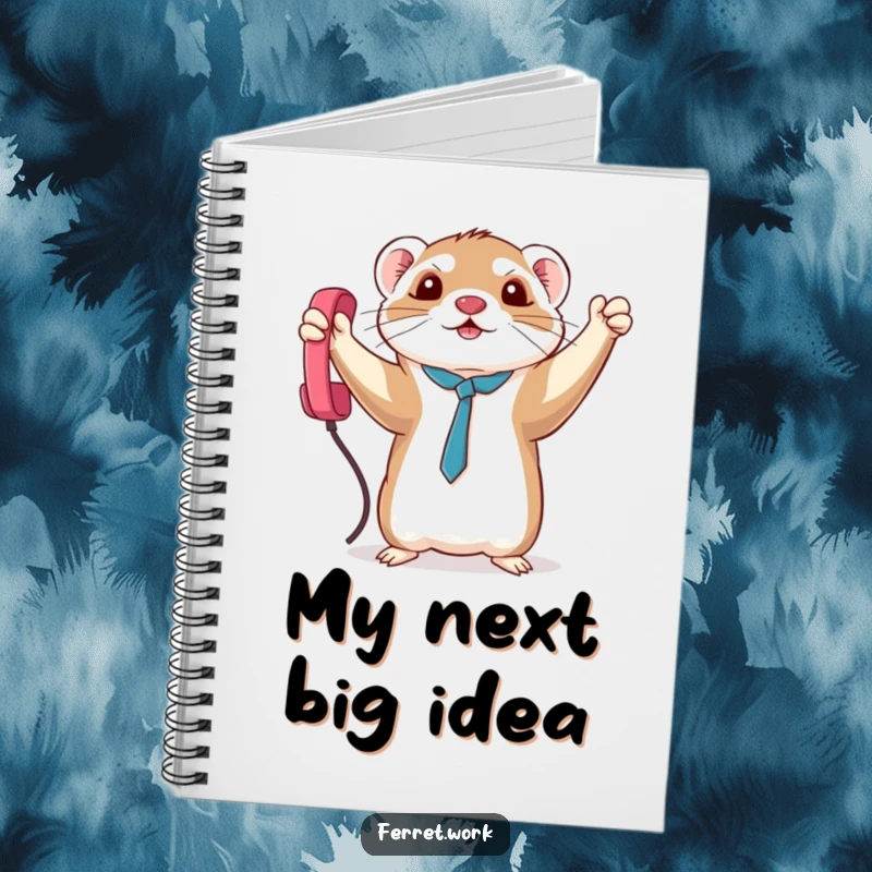 Funny triumphant kawaii office ferret holding a phone cord, a humorous notebook for capturing achievements.