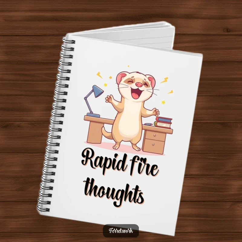 Funny notebook with a ferret doing energetic zoomies around a desk, perfect for capturing fast-paced ideas and thoughts.