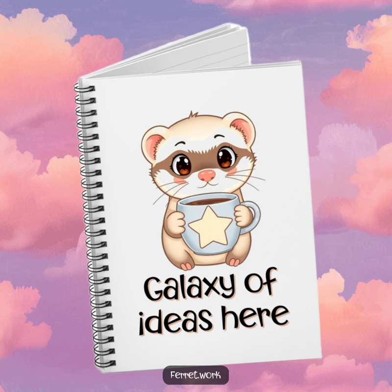 Funny Ferret Notebook showcasing a curious, wide-eyed ferret holding a star-shaped coffee mug, perfect for jotting notes and ideas.