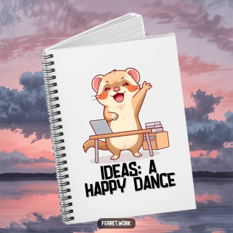 Funny ferret in a lively happy dance at a desk, an inspiring and humorous notebook cover for creative minds.