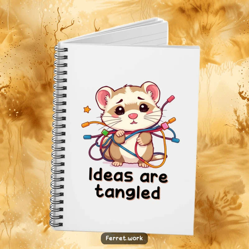 Funny confused kawaii office ferret caught in a tangle of wires, a humorous notebook for capturing ideas.