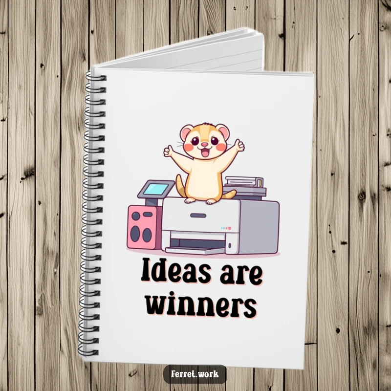 Funny kawaii office ferret doing a silly victory dance on top of a printer, ready to record achievements in a notebook.