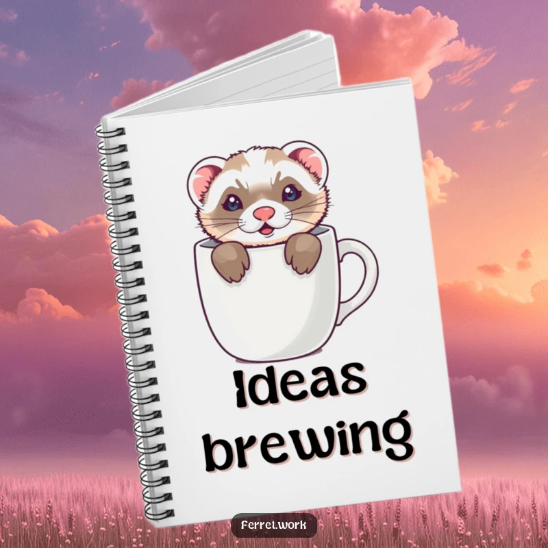 Funny notebook cover with a ferret hiding in a coffee mug, ears only showing, ideal for jotting down playful secrets.
