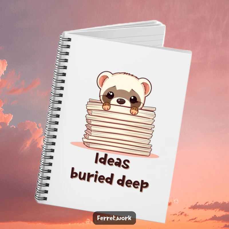 Funny ferret notebook with a shy ferret peeking from behind a large stack of papers, great for notes.