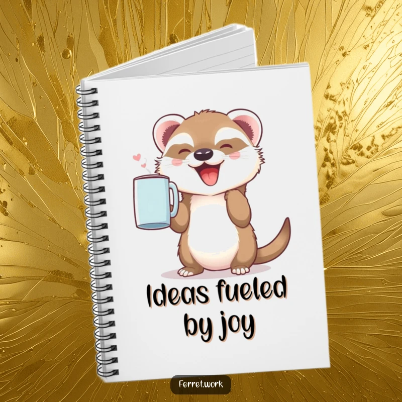 Funny notebook with a cute ferret holding a coffee mug with pure joy, perfect for jotting down thoughts.
