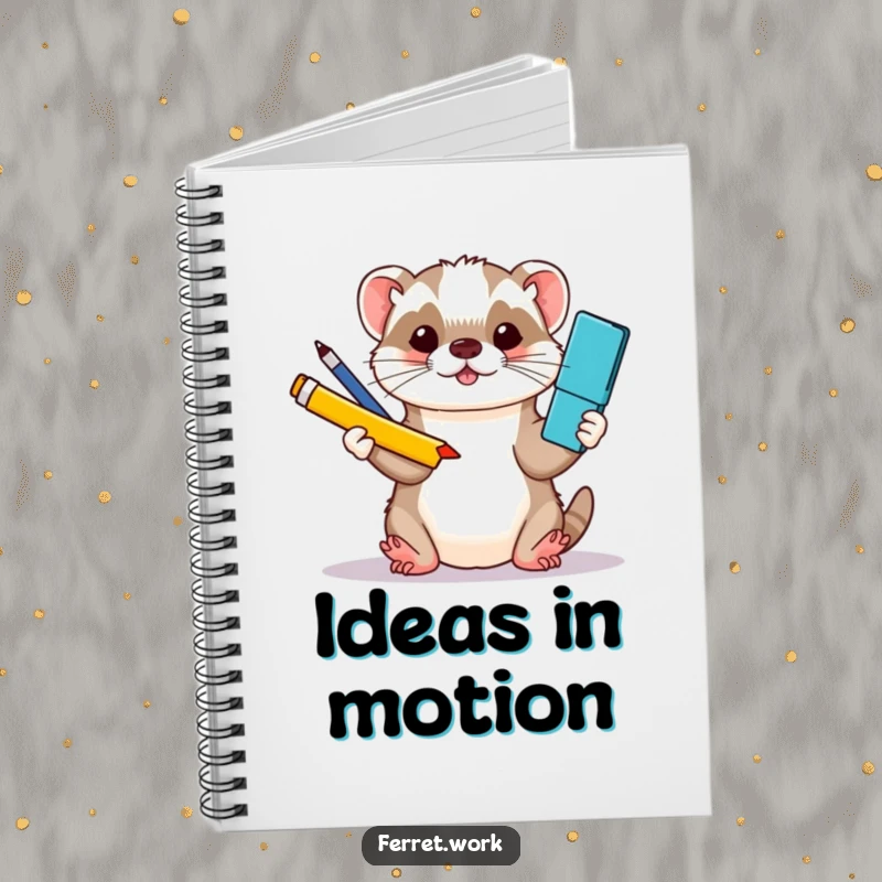 Funny kawaii office ferret juggling three colorful office supplies with its paws, on the cover of a notebook.