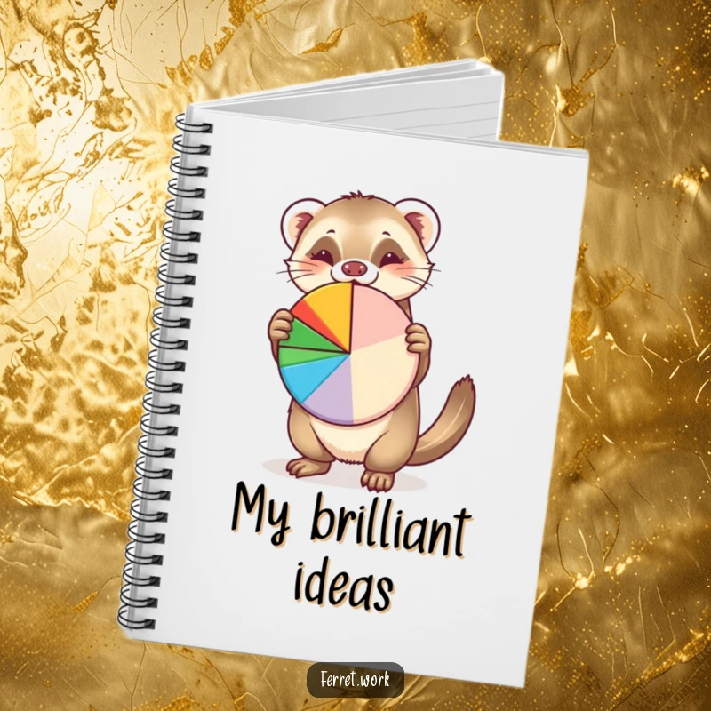 Funny notebook with a cheerful ferret holding a colorful pie chart, designed for capturing humorous ideas and important notes.