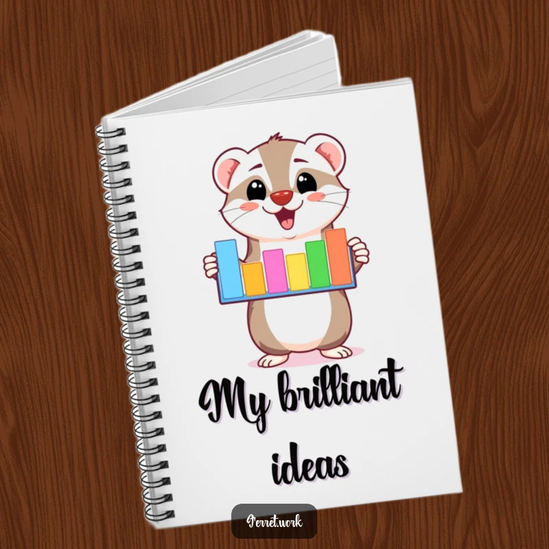 Funny kawaii ferret character enthusiastically presenting a colorful bar graph on a notebook cover for jotting notes.