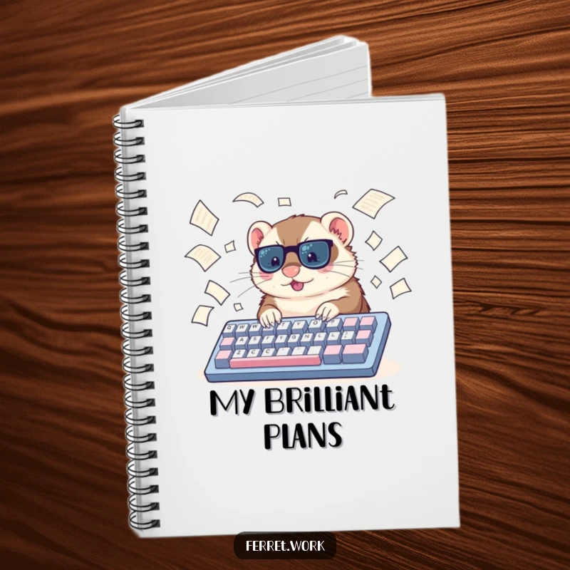 Funny ferret notebook, a ferret typing furiously on a huge keyboard with papers flying, for jotting down ideas with office humor.
