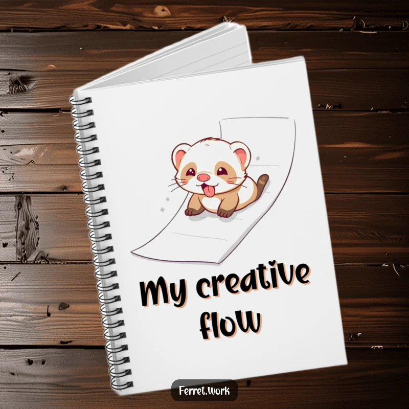 Ferret joyfully sliding down a ream of paper like a slide, on the cover of this humorous notebook.