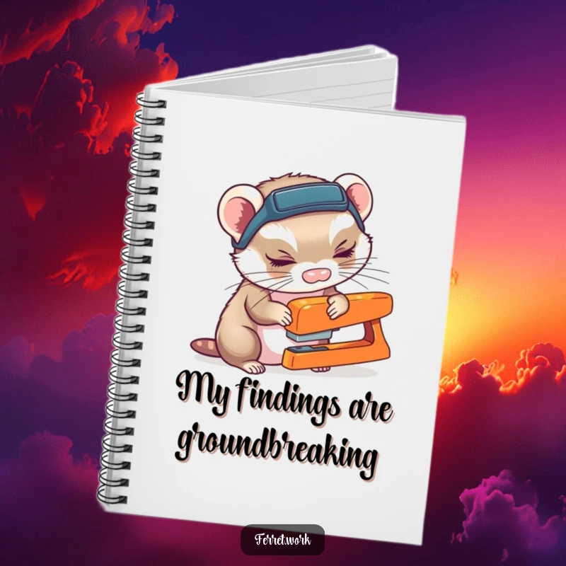 Ferret wearing a headlamp, curiously sniffing a stapler, on the cover of this humorous notebook.