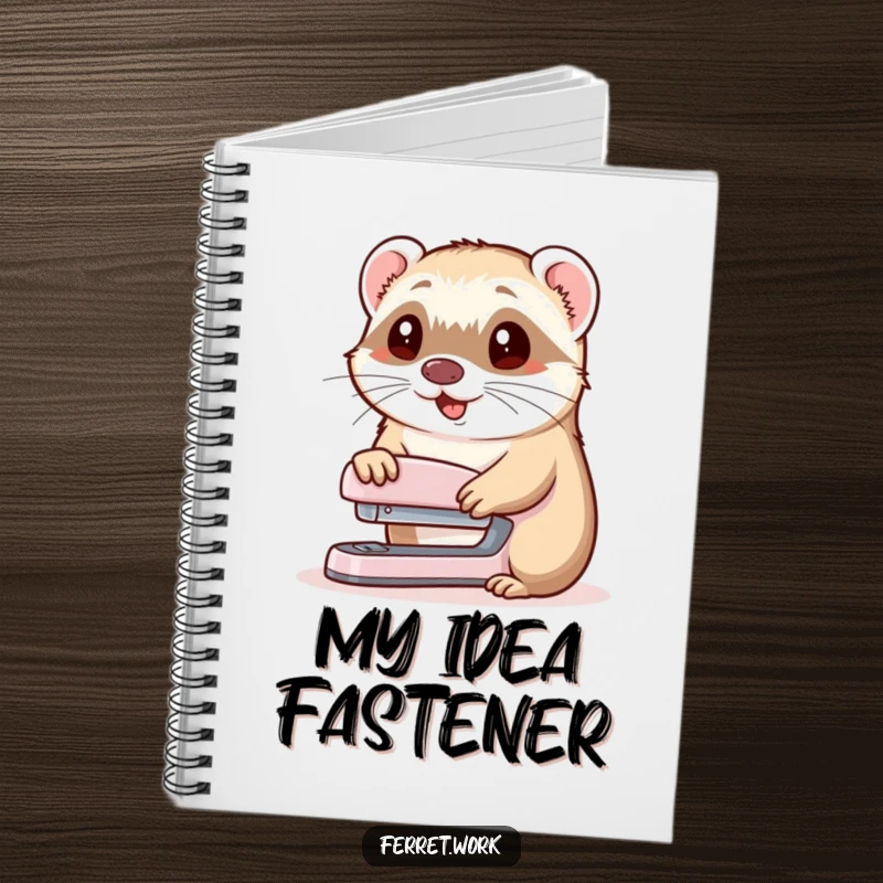 Funny notebook cover with a cheerful ferret offering a stapler, ideal for humorous office-themed note-taking.