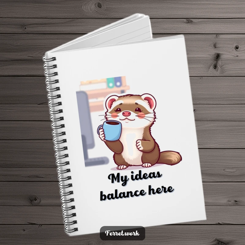 Funny Kawaii Office Ferret Notebook: A cute ferret comically balances a coffee mug on its nose, perfect for note-taking.
