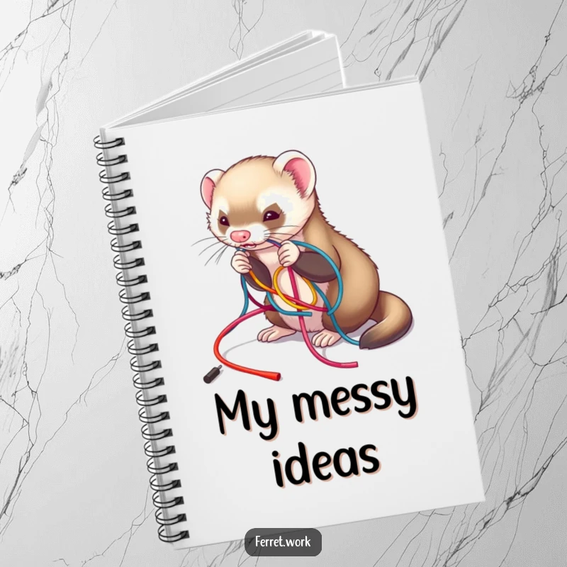 Funny notebook featuring a ferret playfully untangling colorful wires, ideal for jotting down ideas amidst chaos, funny gift.