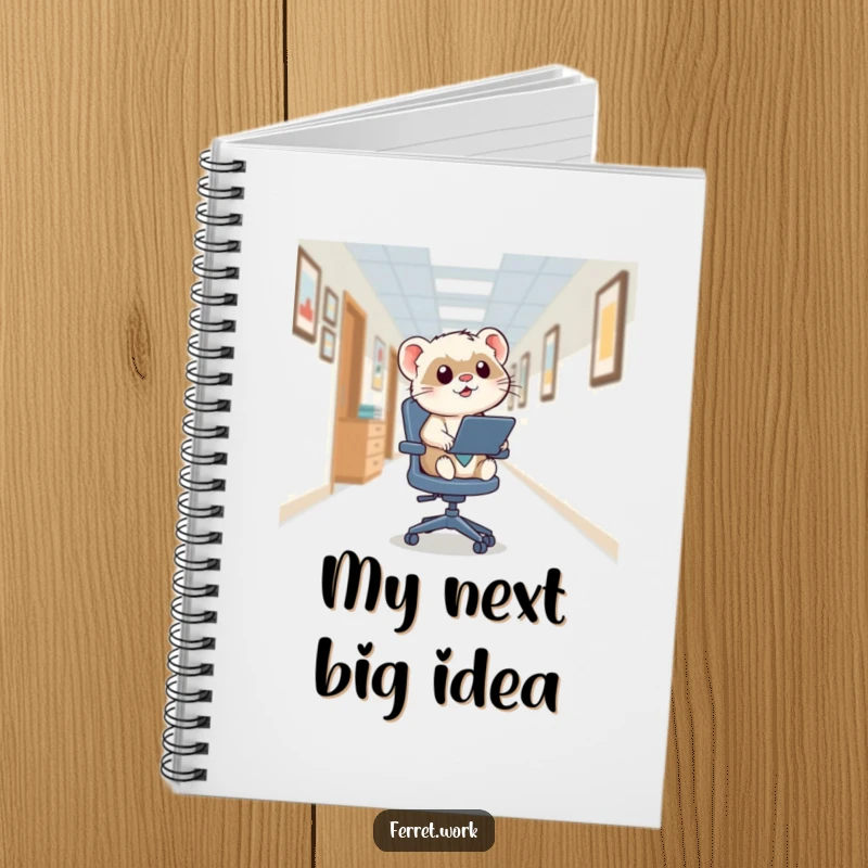 Funny kawaii office ferret zooming down an office hallway on a squeaky swivel chair, ready to take notes on its adventure.