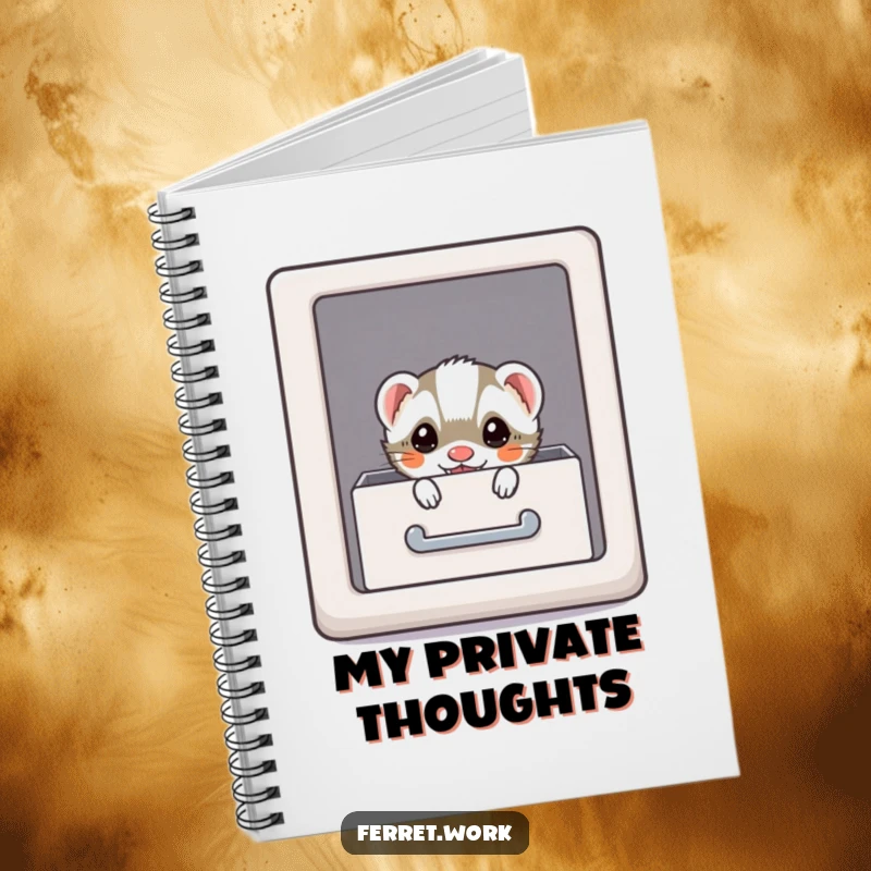 Funny kawaii office ferret hiding in a file drawer, perfect for a secret-keeping notebook.