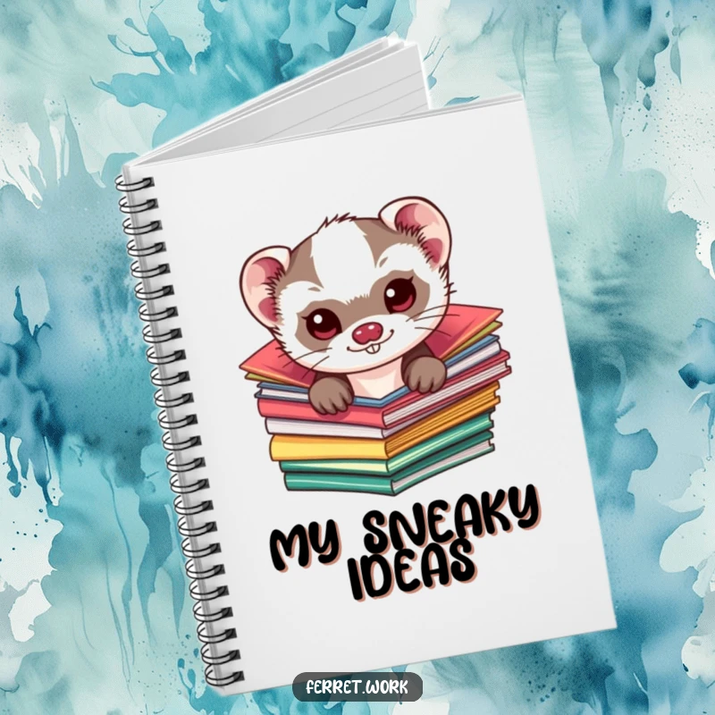 Funny kawaii ferret notebook, a mischievous cute ferret peeking from colorful folders, for note-taking filled with charm and humor.