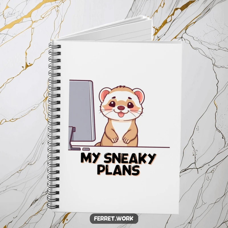 Funny notebook featuring a ferret peeking from behind a computer with a wide grin, ideal for jotting down tech notes, funny gift.
