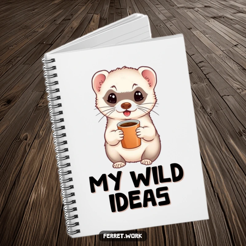 Funny notebook with an energetic ferret holding a tiny coffee cup, perfect for capturing quick thoughts and big ideas.