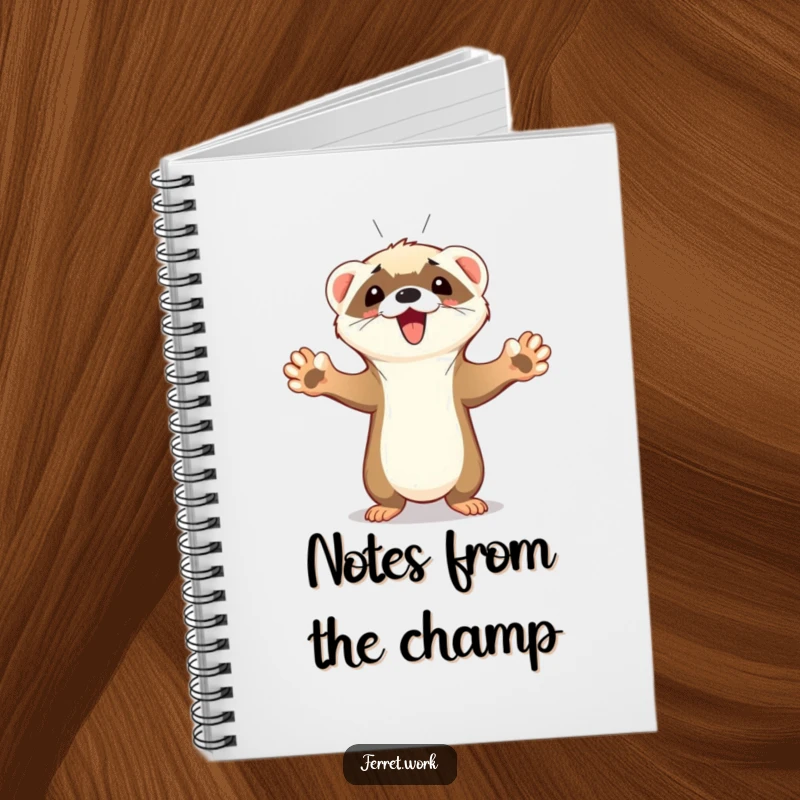 Funny Ferret Notebook showcasing a cute ferret with paws in the air, celebrating a goal with an enthusiastic squeak, ideal for note-taking.