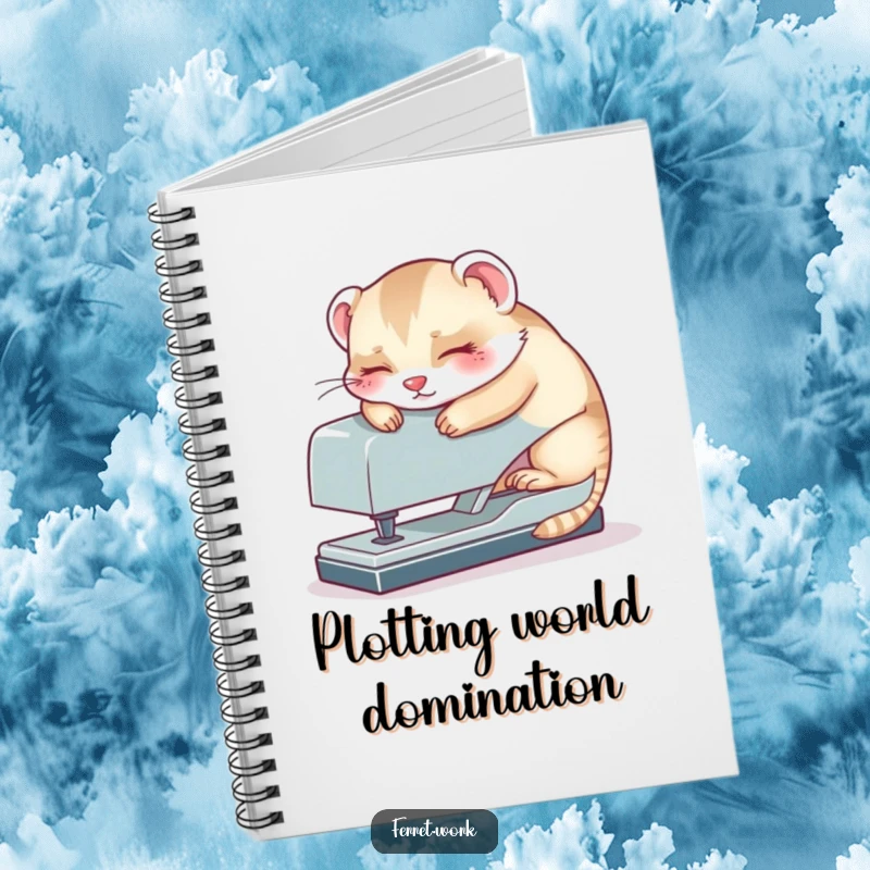 Funny kawaii office ferret sleeping soundly on a stapler, a cute and humorous notebook cover for capturing ideas.