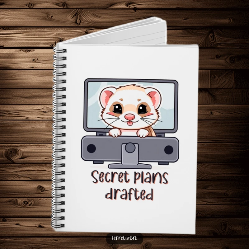 Funny ferret notebook with a mischievous ferret hiding behind a computer monitor. Ideal for secret notes.