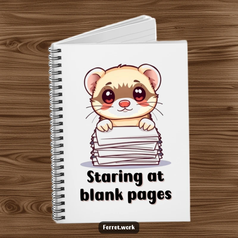 Funny kawaii office ferret peeking over papers with wide eyes on the cover of a humorous and practical notebook.