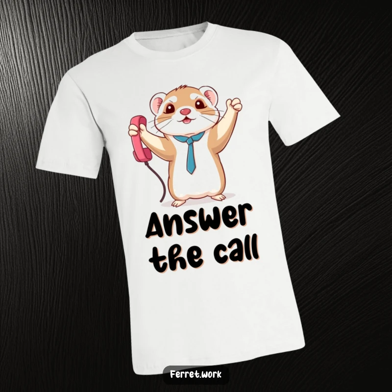 Funny triumphant kawaii office ferret proudly grips a dangling phone cord, a humorous t-shirt for tech victors.