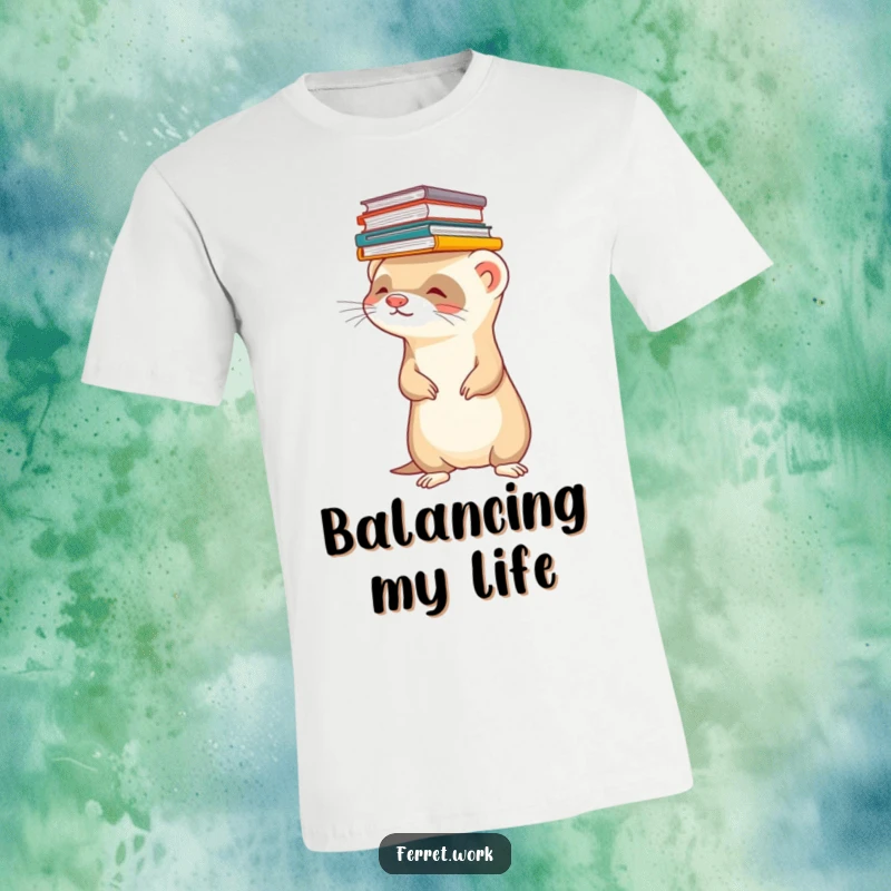 Funny ferret t-shirt depicting a ferret balancing a stack of files on its head. Relatable office pet humor.