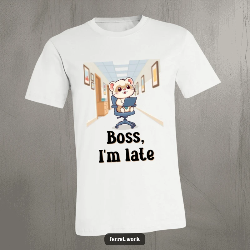 Funny kawaii office ferret in mid-zoom on a squeaky swivel chair down a hallway, depicted with wide, excited eyes.