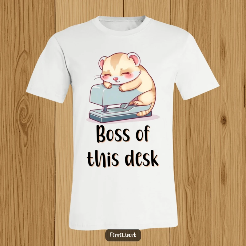 Funny kawaii office ferret napping soundly on a huge stapler, a humorous depiction of workplace fatigue. This t-shirt is pure comedy.
