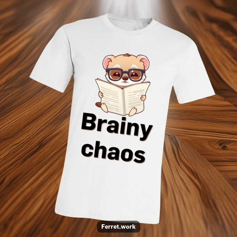 Funny t-shirt with a ferret wearing glasses, looking amused while reading a huge document, a truly intellectual and funny scene.